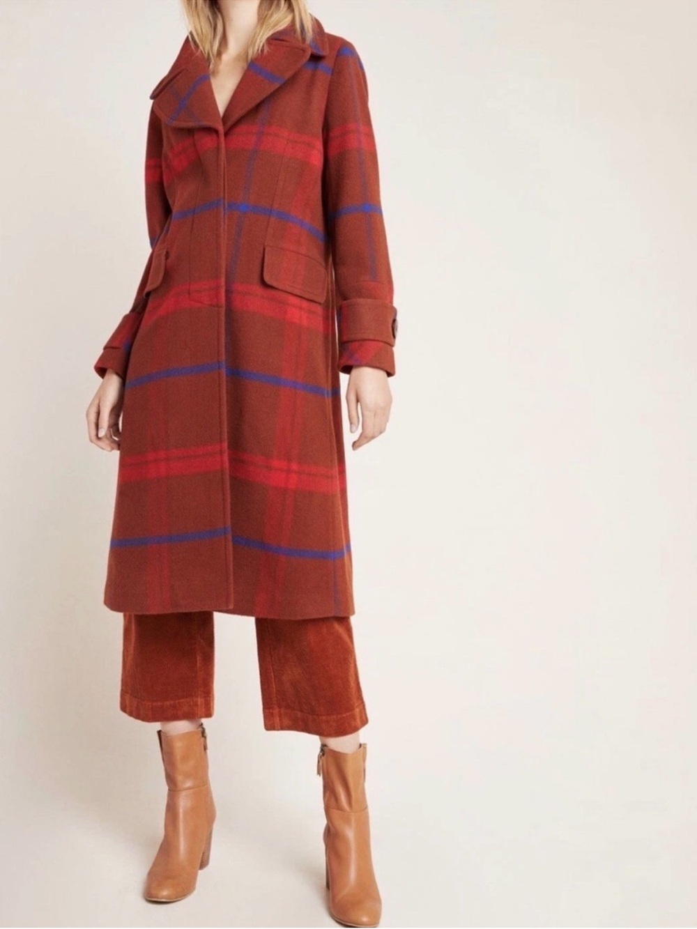 Anthropologie Long Plaid Wool-Blend Overcoat Trench Coat Rust Red Orange Medium